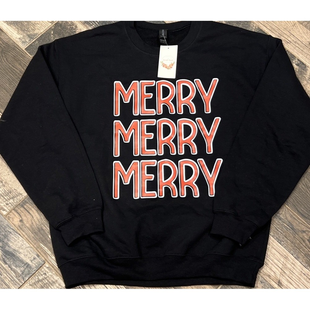 New $39 MERRY MERRY MERRY X-Mas Fleece Women's Sweatshirt Black Gildan Large